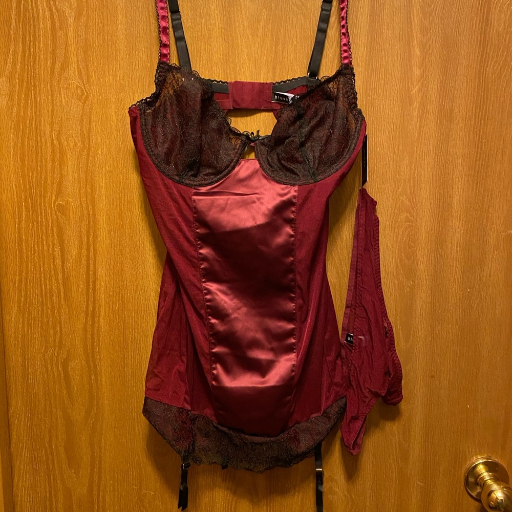 Blush Lace Cabernet Chemise Garter w/Thong Panty